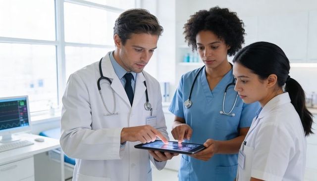 Multicultural medical team reviewing tablet diagnostics in modern clinic consultation