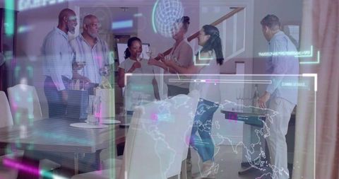 Multigenerational gathering toasting around dining table with digital globe overlay