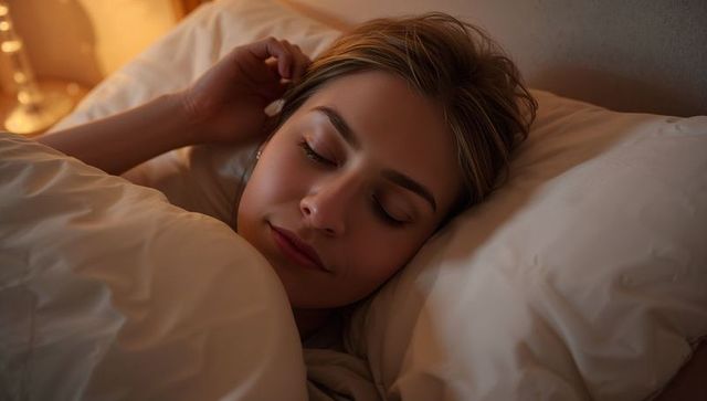 Young woman sleeping peacefully under white duvet with warm bedside lamp glow at night