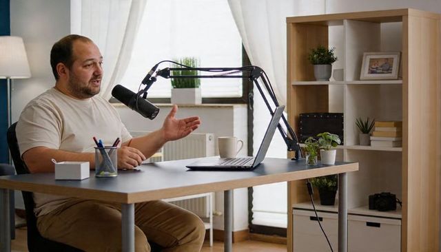 Podcast host recording from home desk with boom microphone and laptop for streaming
