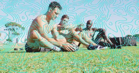 Rugby team stretching on grass holding ball under sunny sky with teal contour overlay
