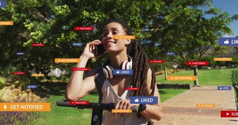 Smiling woman on electric scooter with smartphone and symbolic floating icons