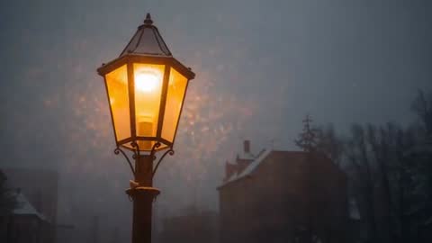 Vintage Streetlamp Glowing During Snowfall at Dusk — Cinematic Winter Evening Loop