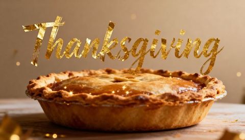 Homemade Golden Thanksgiving Pie on Rustic Wood Board with Festive Confetti