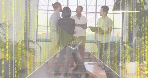 Diverse team collaborating in glass office with magenta grid and digital data overlay