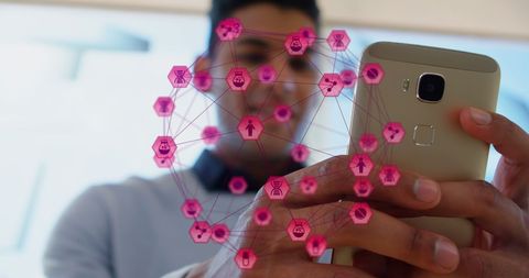 Man engaging with digital network interface on smartphone