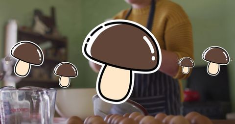 Woman cooking with overlay of mushroom icons