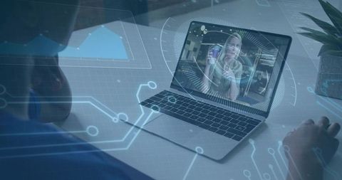 Watching Remote Video Call with Holographic HUD on Laptop at Home Workstation