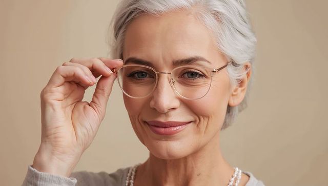 Confident mature woman adjusting gold-rimmed glasses closeup with pearl necklace and soft smile