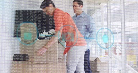 Team collaborating in modern office with global network concept overlay