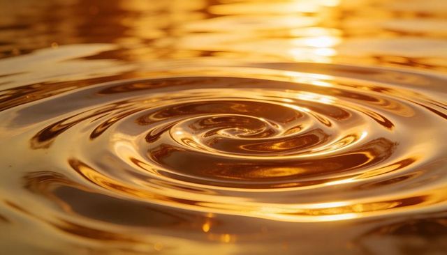 Golden water spiral ripple close-up at sunset reflective vortex abstract background