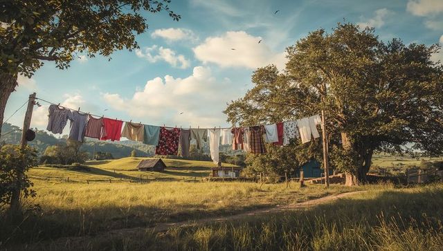 Clothesline hanging over sunlit rural meadow, farmhouse and barn at golden hour