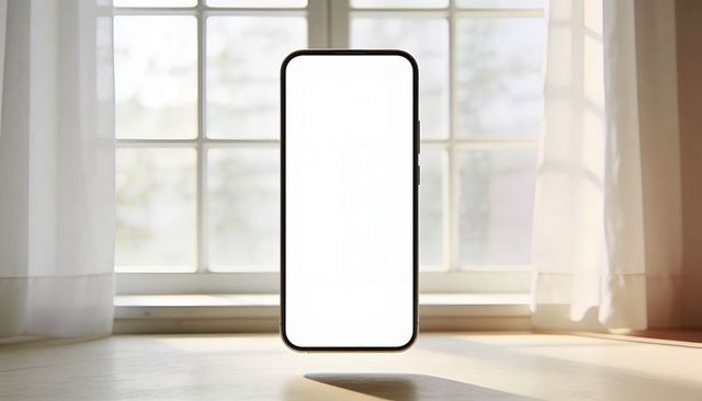 Floating smartphone with blank white screen over sunlit wooden table and sheer curtains