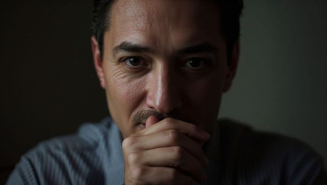 Pondering man contemplating with clasped hands closeup portrait in office, reflective mood