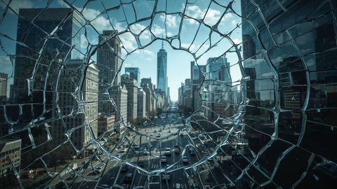 Cityscape framed by shattered glass with skyscrapers in perspective