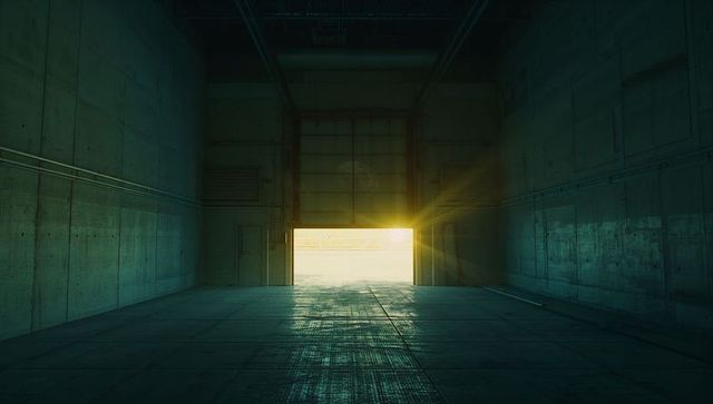 Sunlit Hangar with Open Overhead Door Featuring Minimalist Architecture