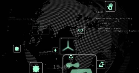 Dotted digital globe projecting eco HUD panels with neon teal analytics and code overlays