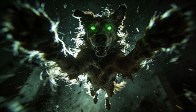 Neon-eyed dog lunging through narrow dark corridor with glowing green eyes and bared teeth