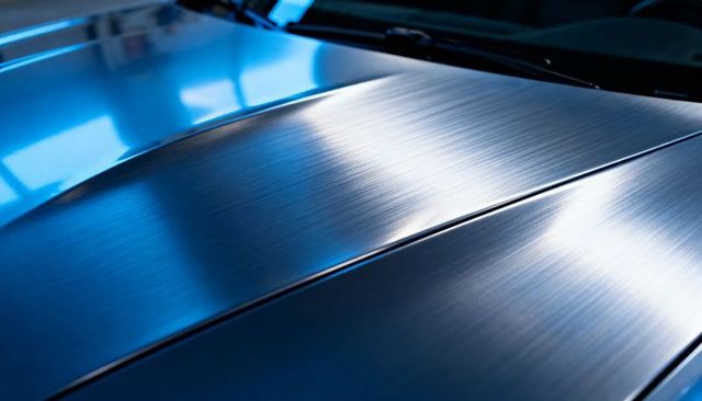 Brushed aluminum car hood reflecting blue light emphasizing sleek metallic texture