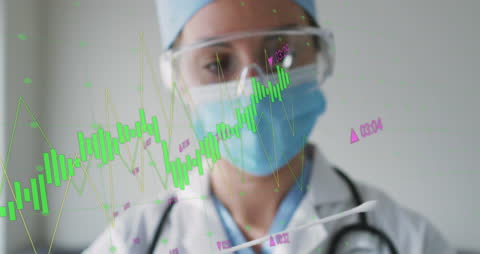 Female Doctor Analyzing Virtual Data Charts in Medical Setting