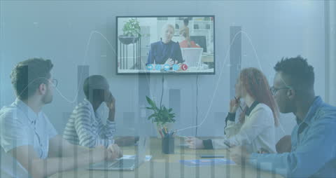Diverse Business Individuals Watching Virtual Meeting with Data Overlay