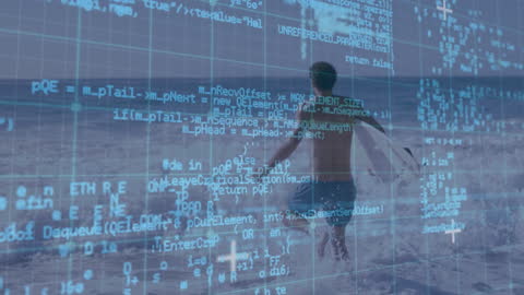Man Surfboard Beach Overlay Digital Code Animation