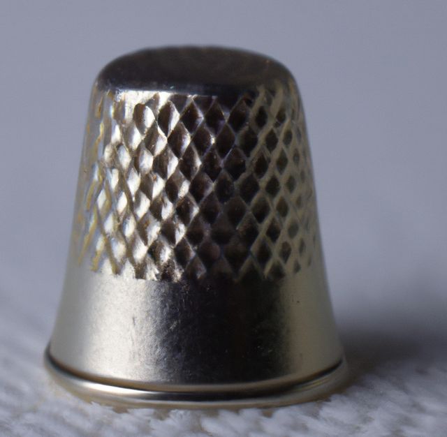Image of close up of silver thimble on purple fabric background. Clothing, sewing and tailoring concept.