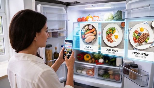 Woman using smartphone browsing smart refrigerator ar meal suggestions and recipe cards