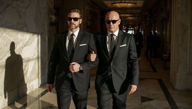 Two bodyguards walking through marble corridor wearing sunglasses and black suits with pocket square