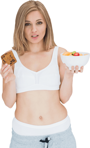 young woman choice between cookie and bowl of fruits transparent background - Download Free Stock Videos Pikwizard.com