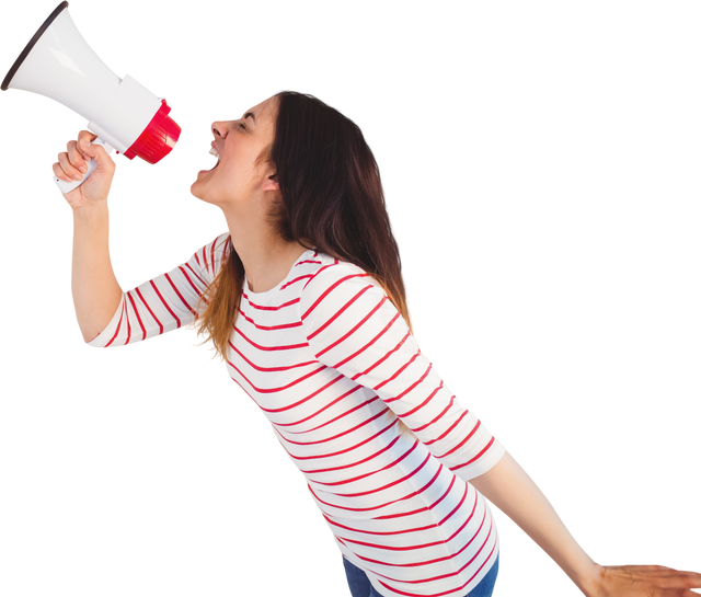 Youthful Woman in Striped Shirt Making Loud Announcement with Transparent Megaphone - Download Free Stock Videos Pikwizard.com