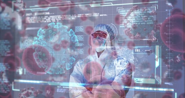 Medical researcher wearing protective gear analyzing virus data on digital screen - Download Free Stock Images Pikwizard.com