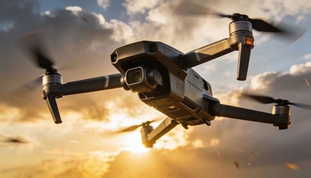 Hovering quadcopter drone with gimbal camera capturing dramatic sunset backlit clouds