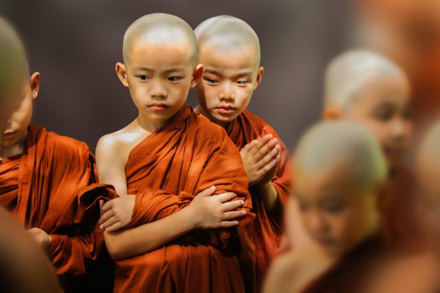 Two young Buddhist monks with shaved heads are wearing traditional orange robes. They appear contemplative and are standing close together. This image can be used for topics related to Buddhism, spirituality, meditation, Asian culture, or religious traditions.