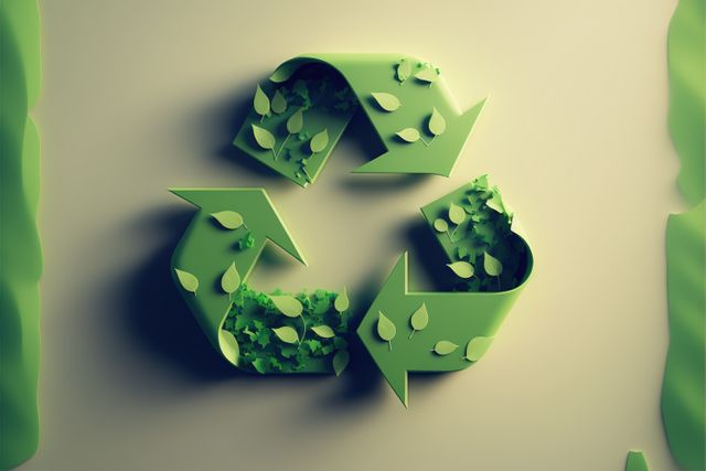 Green recycling symbol with leaves on beige background, created using generative ai technology. Recycling and ecology concept digitally generated image.