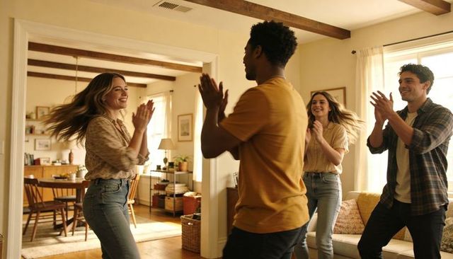 Young friends clapping and dancing in sunlit cozy living room with wood beams