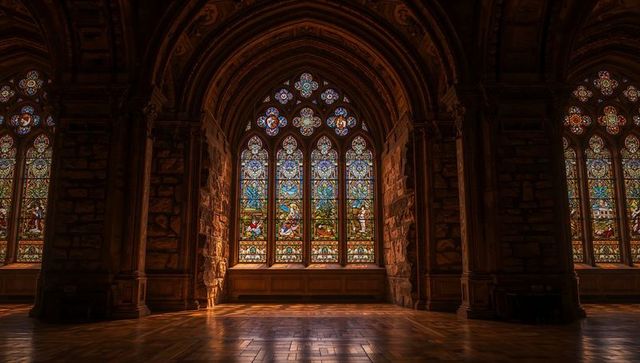 Sunlit gothic cathedral interior with stained glass glory