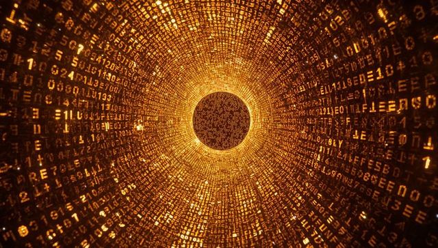 Pulsing data tunnel spiraling toward dark core with glowing amber code glyphs