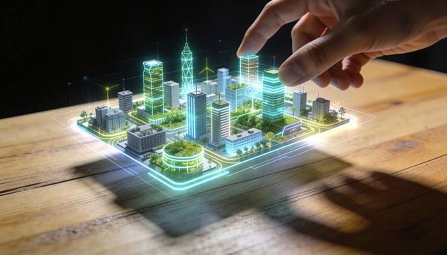Hand manipulating holographic smart city model with glowing base and wind turbines