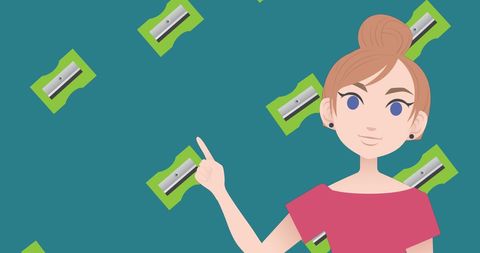 Animated Woman Pointing at Sharpener Icons on Blue Background - Download Free Stock Images Pikwizard.com