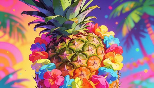 Neon pineapple wearing rainbow lei at tropical luau party with palm fronds and vibrant bokeh