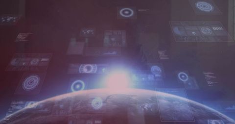 Curved Planet Horizon Displaying Holographic Data Dashboards and Orbital UI with Sun Flare