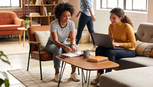 Two women collaborating in cozy sunlit coworking space writing notes and working on laptop