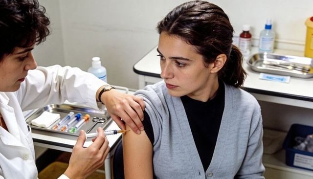 Clinician administering vaccine to young woman in clinic during routine arm immunization