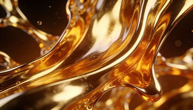 Flowing glossy gold ribbon reflecting specular light in macro abstract