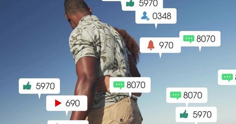 Modern Couple Embracing Surrounded by Social Media Symbols