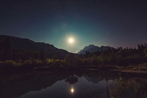 Scenic Full Moon Over Mountain Lake with Starry Sky