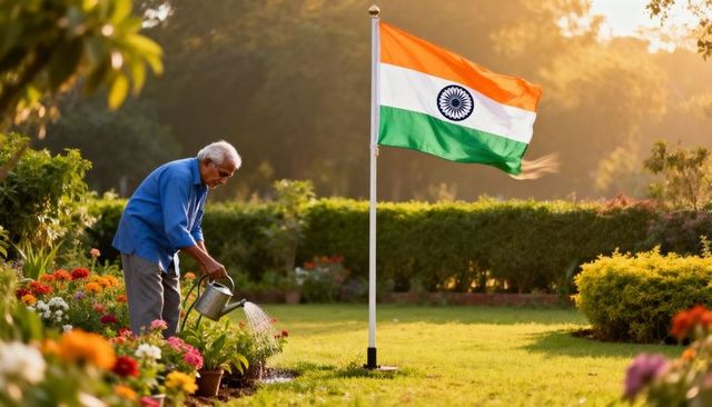 Senior gardener watering colorful flower beds under indian flag at golden hour