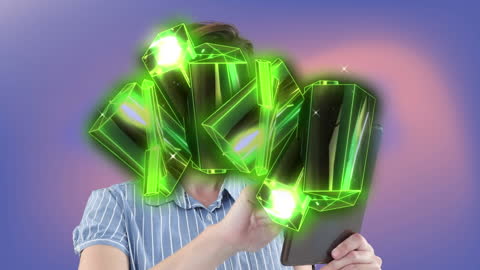 Businesswoman with Enchanting Green Crystals Using Tablet