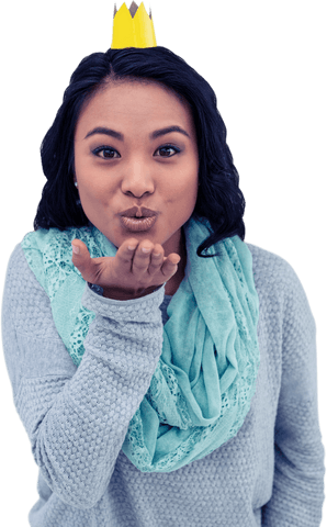 Asian Woman in Paper Crown Blowing Kiss on Transparent Background - Download Free Stock Videos Pikwizard.com